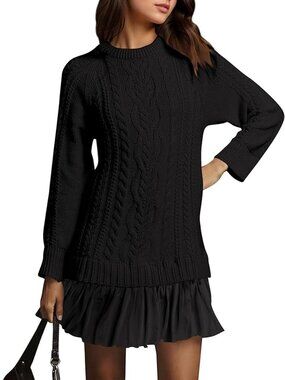 MISSACTIVER Women's Cable Knit Sweater Dress Causal Crew Neck Long Sleeve Patchw